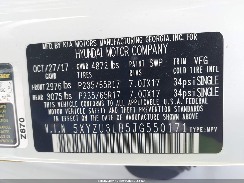 2018 Hyundai VIN 5XYZU3LB5JG550171 IAAI salvage auction — LEFT SIDE, Salvage (Texas), sold $3,000 on 2026-07-09 (photo 9)