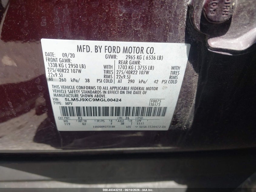 2021 Lincoln Aviator VIN 5LM5J9XC9MGL00424 IAAI salvage auction — FRONT END, Salvage (Louisiana), sold $10,000 on 2026-07-28 (photo 9)