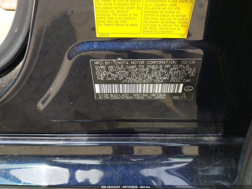 2008 Lexus Gs 350 VIN JTHCE96S180017654 IAAI salvage auction — FRONT END, Salvage (Massachusetts), sold $400 on 2026-07-17 (photo 9)