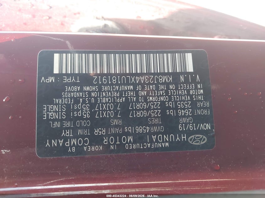 2020 Hyundai Tucson VIN KM8J23A4XLU181912 IAAI salvage auction — FRONT END, Salvage (Arkansas), sold $25 on 2026-07-08 (photo 9)
