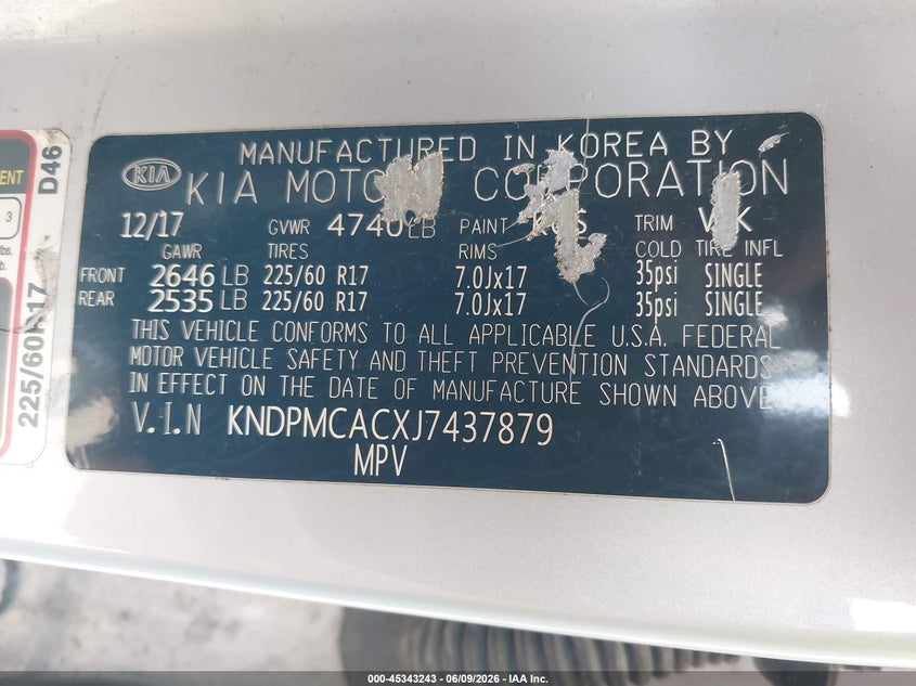 2018 Kia Sportage VIN KNDPMCACXJ7437879 IAAI salvage auction — NORMAL WEAR, Salvage Title, sold $2,375 on 2026-07-15 (photo 9)
