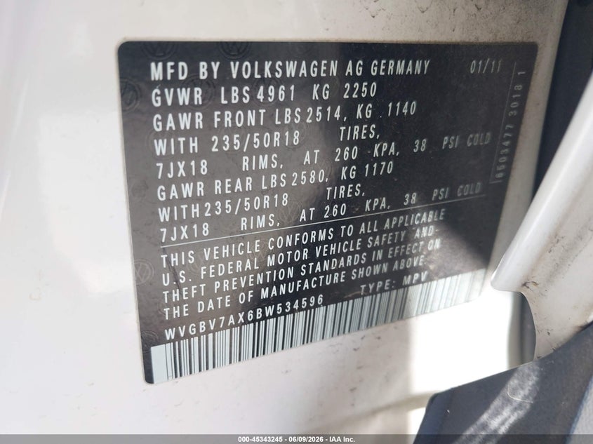 2011 Volkswagen Tiguan VIN WVGBV7AX6BW534596 IAAI salvage auction — NORMAL WEAR, Clear - Dealer Only (California), sold $625 on 2026-07-09 (photo 9)