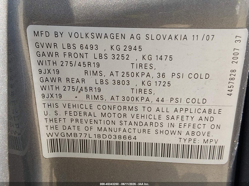 2008 Volkswagen Touareg VIN WVGMB77L18D038664 IAAI salvage auction — NORMAL WEAR, Clear (Washington), sold $425 on 2026-07-15 (photo 9)