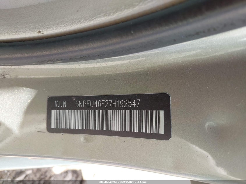 2007 Hyundai Sonata VIN 5NPEU46F27H192547 IAAI salvage auction — NORMAL WEAR, Clear (Alabama), sold $325 on 2026-07-08 (photo 9)