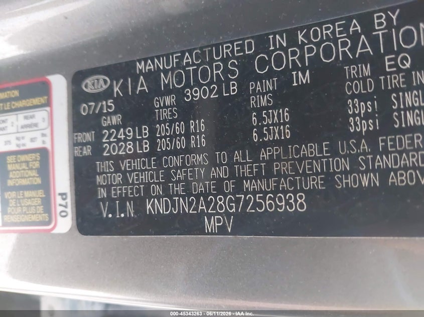 2016 Kia Soul VIN KNDJN2A28G7256938 IAAI salvage auction — FRONT END, Wait Title, sold $725 on 2026-09-07 (photo 9)