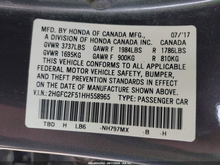 2017 Honda Civic VIN 2HGFC2F51HH558965 IAAI salvage auction — RIGHT SIDE, Salvage (Montana), sold $3,300 on 2026-07-22 (photo 9)