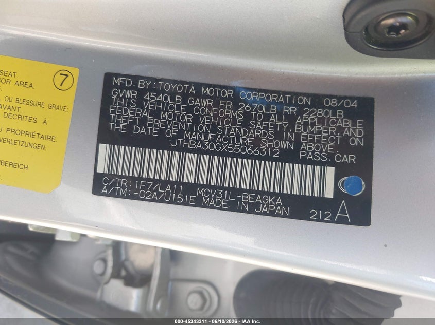2005 Lexus ES VIN JTHBA30GX55066312 IAAI salvage auction — UNKNOWN, Salvage (California), sold $625 on 2026-07-24 (photo 9)