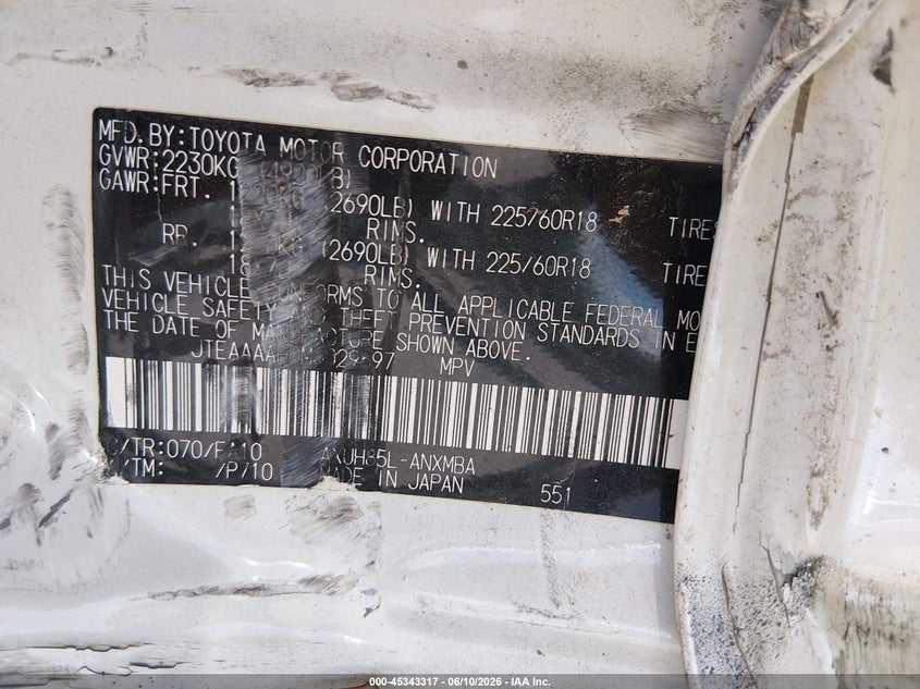 2021 Toyota Venza VIN JTEAAAAH0MJ029697 IAAI salvage auction — LEFT SIDE, Salvage (Alabama), sold $5,175 on 2026-07-30 (photo 9)