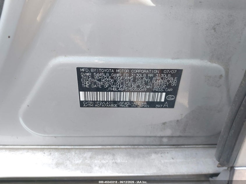 2007 Lexus Ls VIN JTHBL46F575050049 IAAI salvage auction — FRONT END, Salvage (North Carolina), sold $825 on 2026-07-16 (photo 9)