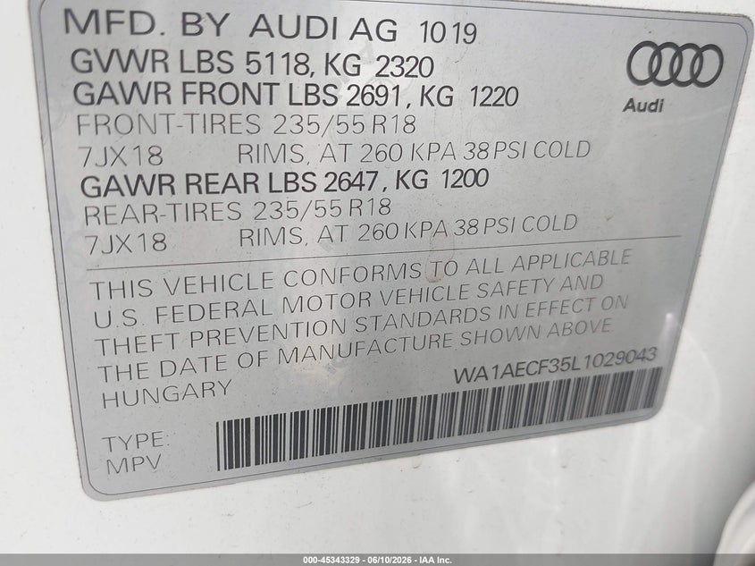 2020 Audi Q3 VIN WA1AECF35L1029043 IAAI salvage auction — FRONT END, Salvage (California), sold $3,550 on 2026-07-29 (photo 9)