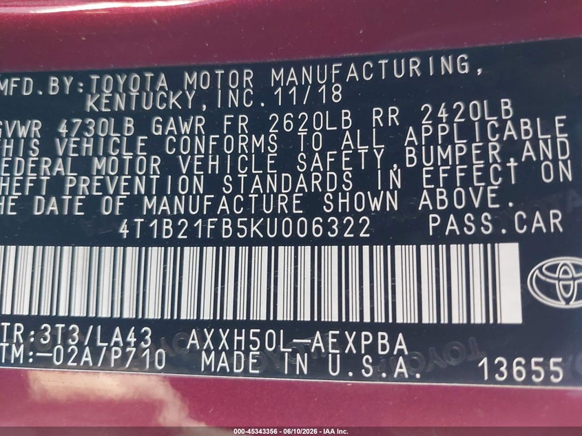 2019 Toyota Avalon VIN 4T1B21FB5KU006322 IAAI salvage auction — SIDE, Wait Title, sold $10,000 on 2026-08-07 (photo 9)