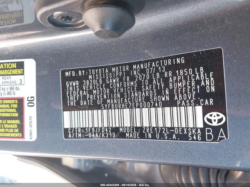 2014 Toyota Corolla VIN 5YFBURHE7EP000740 IAAI salvage auction — FRONT END, Salvage (Arizona), sold $3,050 on 2026-07-14 (photo 9)