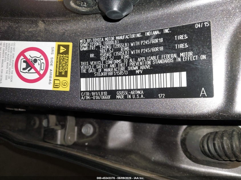 2015 Toyota Highlander VIN 5TDJKRFH8FS158513 IAAI salvage auction — FRONT END, Salvage (Oregon), sold $6,200 on 2026-07-30 (photo 9)