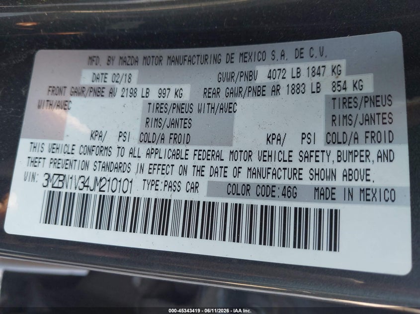 2018 Mazda 3 VIN 3MZBN1V34JM210101 IAAI salvage auction — FRONT END, Salvage (Georgia), sold $2,100 on 2026-07-30 (photo 9)