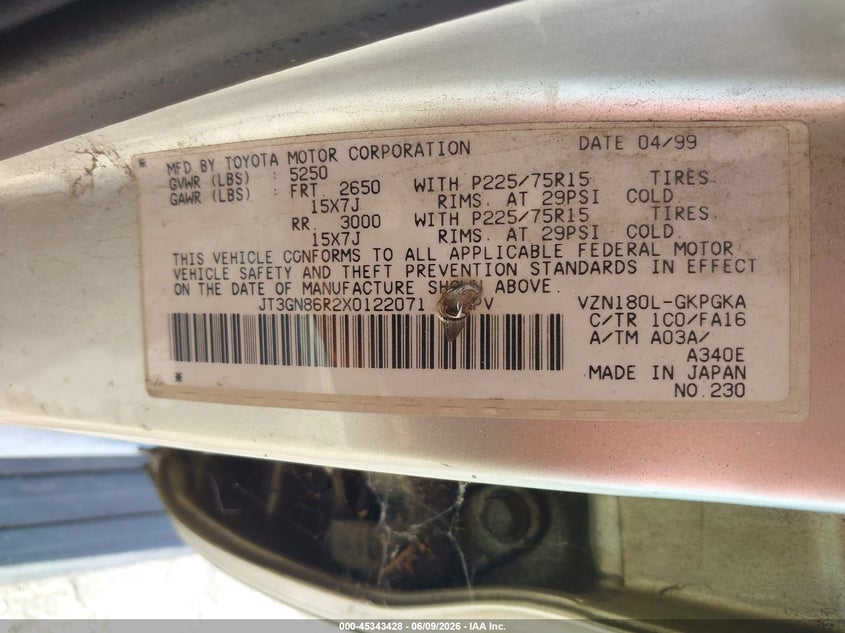 1999 Toyota 4runner VIN JT3GN86R2X0122071 IAAI salvage auction — NORMAL WEAR, Salvage Title - Dealer (California), sold $400 on 2026-07-07 (photo 9)
