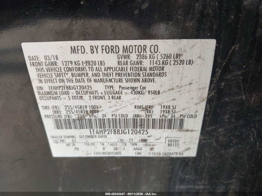 2018 Ford Taurus VIN 1FAHP2F88JG120425 IAAI salvage auction — NORMAL WEAR, Previous Salvage (Michigan), sold $1,000 on 2026-07-06 (photo 9)