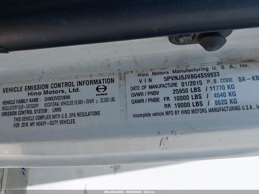 2016 Hino 258/268 VIN 5PVNJ8JV8G4S59933 IAAI salvage auction — ROLLOVER, Salvage (California), sold $8,350 on 2026-07-07 (photo 9)