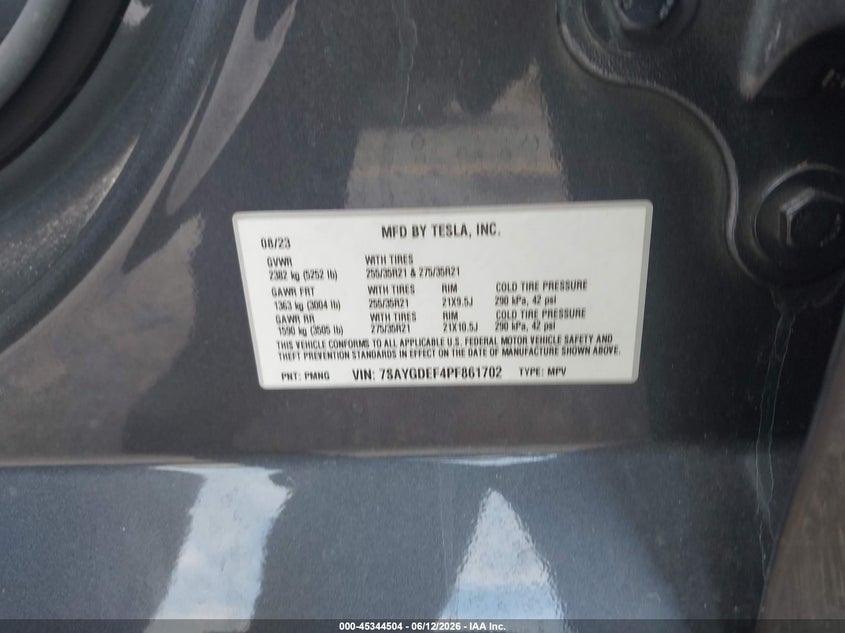 2023 Tesla Model y VIN 7SAYGDEF4PF861702 IAAI salvage auction — REAR END, Salvage Title, sold $13,150 on 2026-07-30 (photo 9)