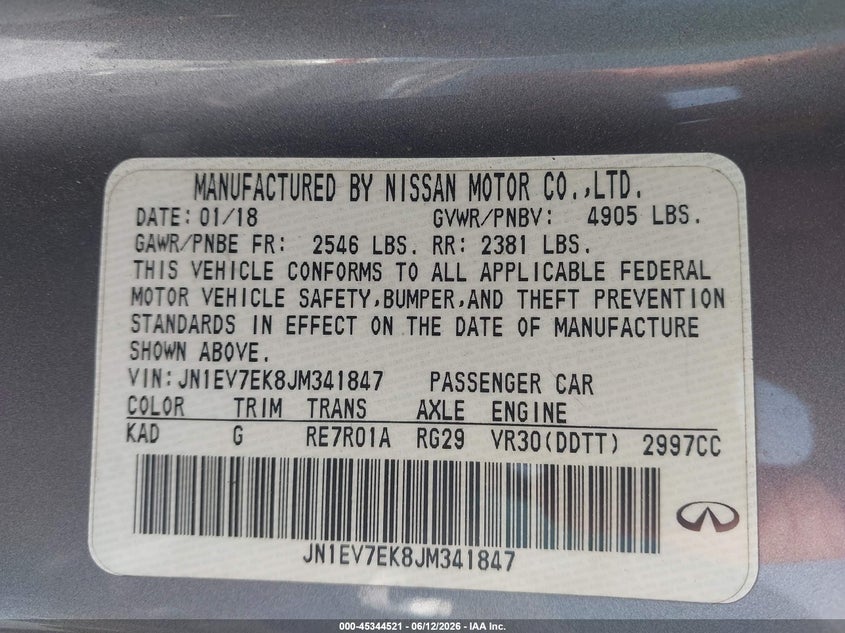 2018 Infiniti Q60 VIN JN1EV7EK8JM341847 IAAI salvage auction — RIGHT FRONT, Rebuildable (Florida), sold $4,600 on 2026-07-05 (photo 9)