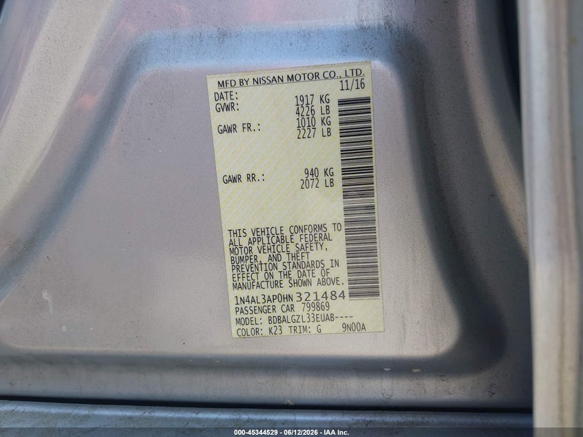 2017 Nissan Altima VIN 1N4AL3AP0HN321484 IAAI salvage auction — FRONT END, Salvage (Massachusetts), sold $675 on 2026-07-19 (photo 9)