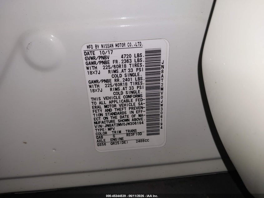 2018 Nissan Rogue VIN JN8AT2MV0JW306194 IAAI salvage auction — FRONT END, Salvage Title, sold $2,550 on 2026-07-30 (photo 9)