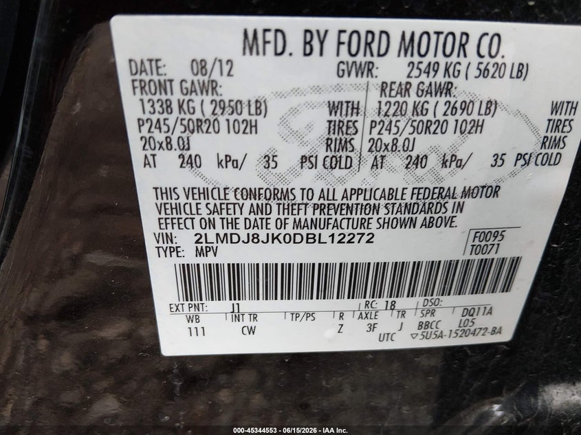 2013 Lincoln Mkx VIN 2LMDJ8JK0DBL12272 IAAI salvage auction — RIGHT FRONT, Salvage (Ohio), sold $1,400 on 2026-07-09 (photo 9)