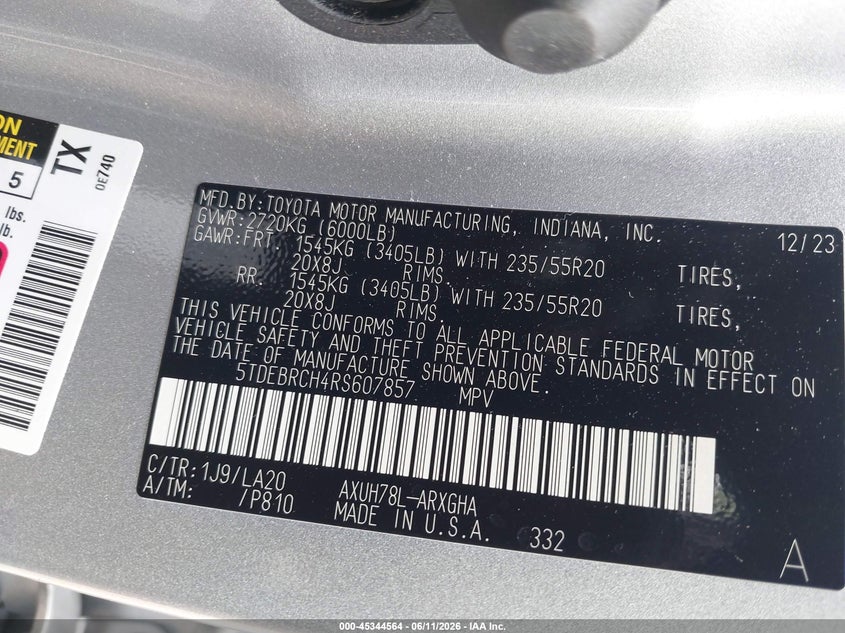 2024 Toyota Highlander VIN 5TDEBRCH4RS607857 IAAI salvage auction — FRONT END, Salvage (Virginia), sold $21,900 on 2026-07-16 (photo 9)