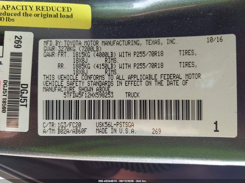 2017 Toyota Tundra VIN 5TFDW5F12HX598253 IAAI salvage auction — LEFT SIDE, Salvage (Tennessee), sold $15,050 on 2026-07-15 (photo 9)