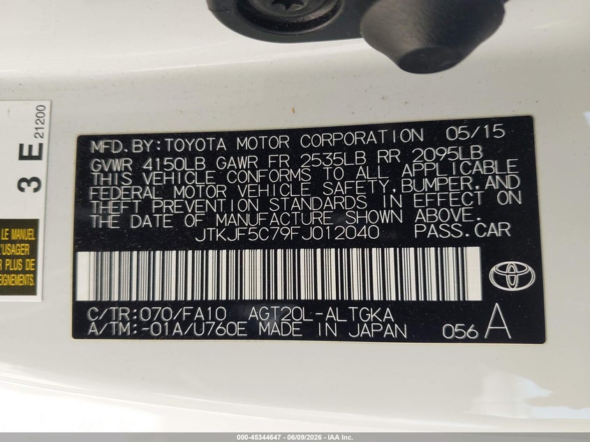 2015 Scion Tc VIN JTKJF5C79FJ012040 IAAI salvage auction — FRONT END, Salvage (Texas), sold $1,450 on 2026-07-09 (photo 9)