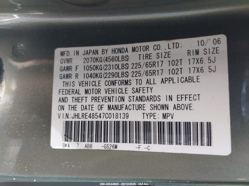 2007 Honda Cr-v VIN JHLRE48547C018139 IAAI salvage auction — FRONT END, Salvage (New Jersey), sold $925 on 2026-07-15 (photo 9)