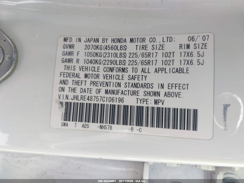 2007 Honda Cr-v VIN JHLRE48757C106196 IAAI salvage auction — NORMAL WEAR, Salvage (California), sold $675 on 2026-07-28 (photo 9)
