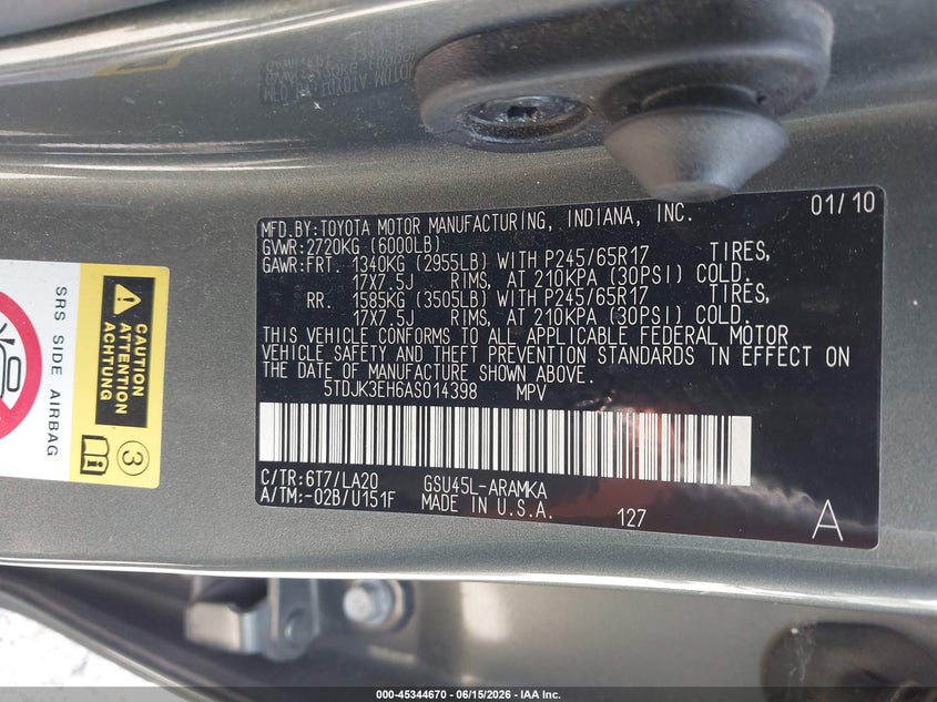 2010 Toyota Highlander VIN 5TDJK3EH6AS014398 IAAI salvage auction — FRONT END, Salvage (Illinois), sold $1,300 on 2026-07-21 (photo 9)