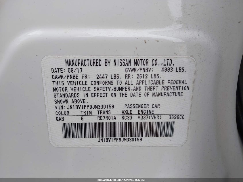 2018 Infiniti Q70 VIN JN1BY1PP9JM330159 IAAI salvage auction — FRONT END, Salvage (Texas), sold $25 on 2026-07-28 (photo 9)
