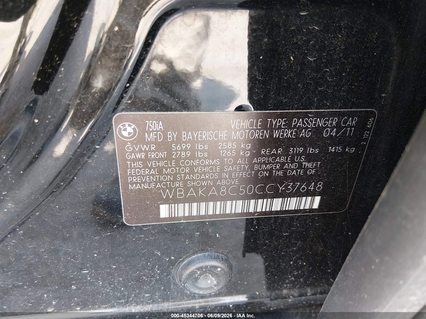 2012 BMW 7 series VIN WBAKA8C50CCY37648 IAAI salvage auction — NORMAL WEAR, Clear (Virginia), sold $1,600 on 2026-07-10 (photo 9)