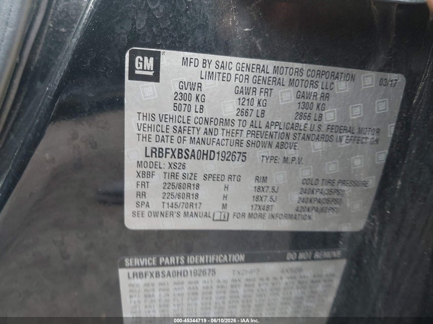 2017 Buick Envision VIN LRBFXBSA0HD192675 IAAI salvage auction — FRONT END, Salvage Title, sold $1,250 on 2026-07-22 (photo 9)