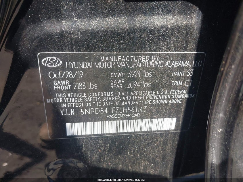 2020 Hyundai Elantra VIN 5NPD84LF7LH561143 IAAI salvage auction — FRONT END, Salvage - Greater Than 75% (Maryland), sold $2,800 on 2026-07-31 (photo 9)