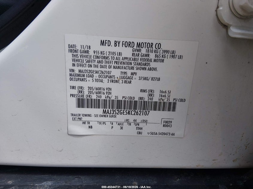 2019 Ford Ecosport VIN MAJ3S2GE5KC262107 IAAI salvage auction — FRONT END, Salvage (Ohio), sold $1,600 on 2026-07-14 (photo 9)