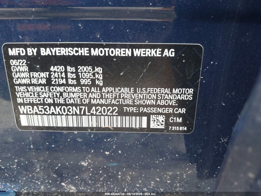 2022 BMW 2er VIN WBA53AK03N7L42022 IAAI salvage auction — LEFT FRONT, Rebuildable (Florida), sold $6,500 on 2026-07-21 (photo 9)