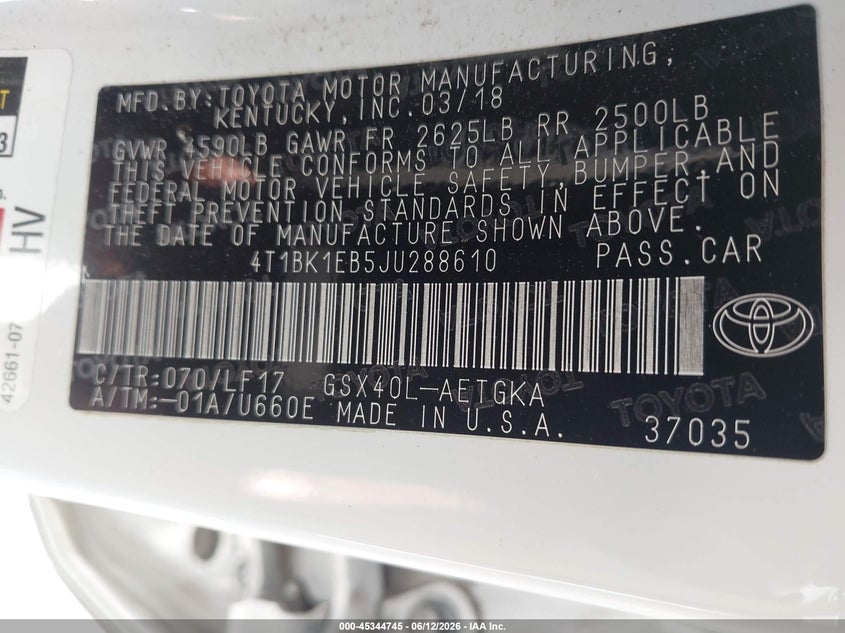 2018 Toyota Avalon VIN 4T1BK1EB5JU288610 IAAI salvage auction — FRONT END, Salvage (North Carolina), sold $5,600 on 2026-07-09 (photo 9)