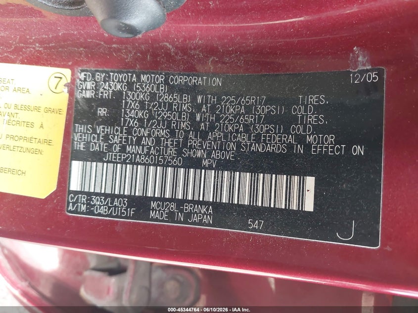 2006 Toyota Highlander VIN JTEEP21A860157560 IAAI salvage auction — NORMAL WEAR, Clear (New York), sold $1,650 on 2026-07-07 (photo 9)