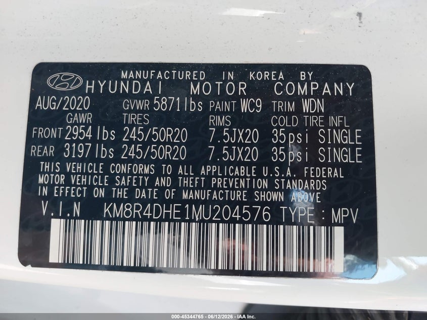 2021 Hyundai Palisade VIN KM8R4DHE1MU204576 IAAI salvage auction — FRONT END, Mv-907A (New York), sold $5,450 on 2026-07-28 (photo 9)