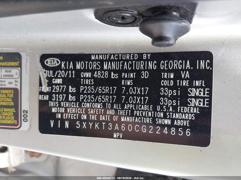 2012 Kia Sorento VIN 5XYKT3A60CG224856 IAAI salvage auction — NORMAL WEAR, Original (Ohio), sold $750 on 2026-07-27 (photo 9)