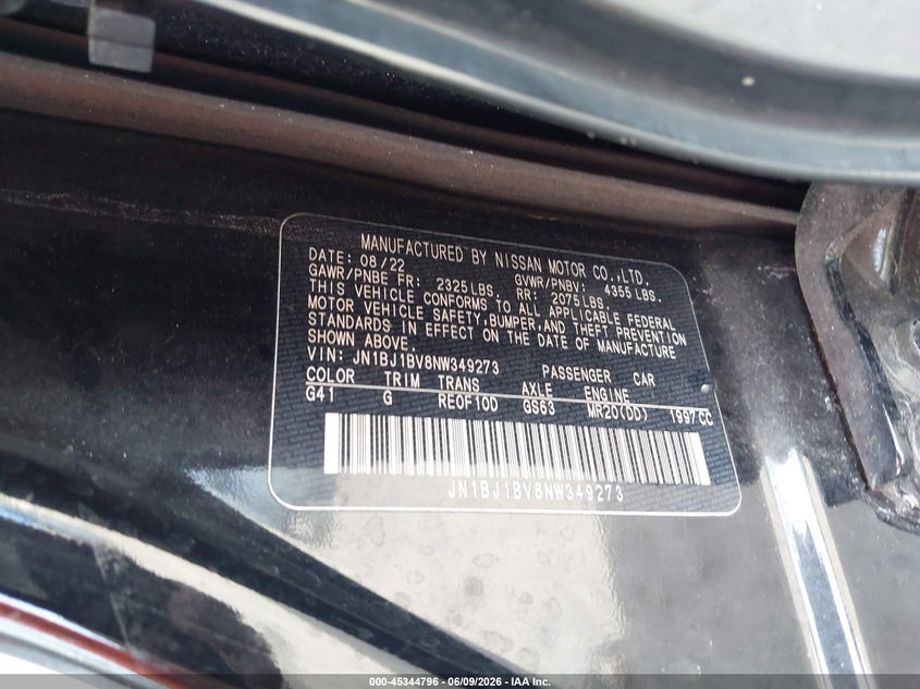 2022 Nissan VIN JN1BJ1BV8NW349273 IAAI salvage auction — FRONT END, Certificate Of Destruction (Florida), sold $2,250 on 2026-07-07 (photo 9)