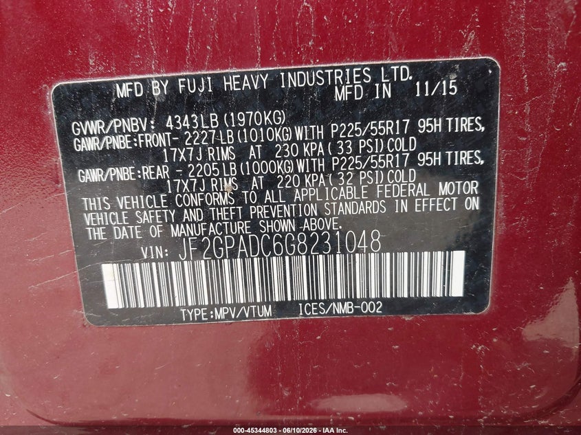 2016 Subaru Xv VIN JF2GPADC6G8231048 IAAI salvage auction — LEFT SIDE, Salvage (Idaho), sold $925 on 2026-07-06 (photo 9)