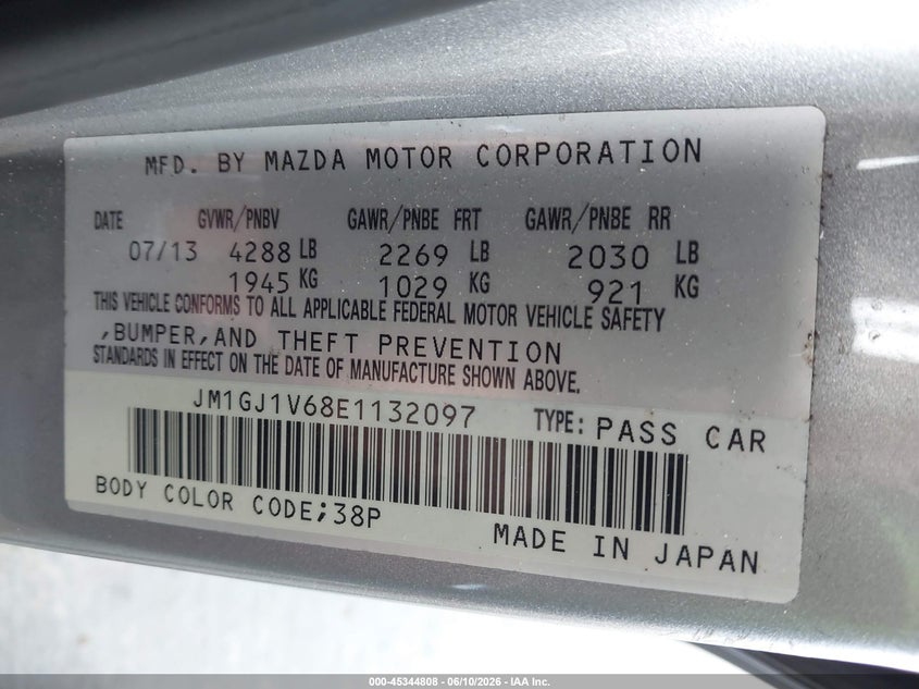 2014 Mazda 6 VIN JM1GJ1V68E1132097 IAAI salvage auction — FRONT END, Rebuildable (Florida), sold $1,350 on 2026-07-08 (photo 9)