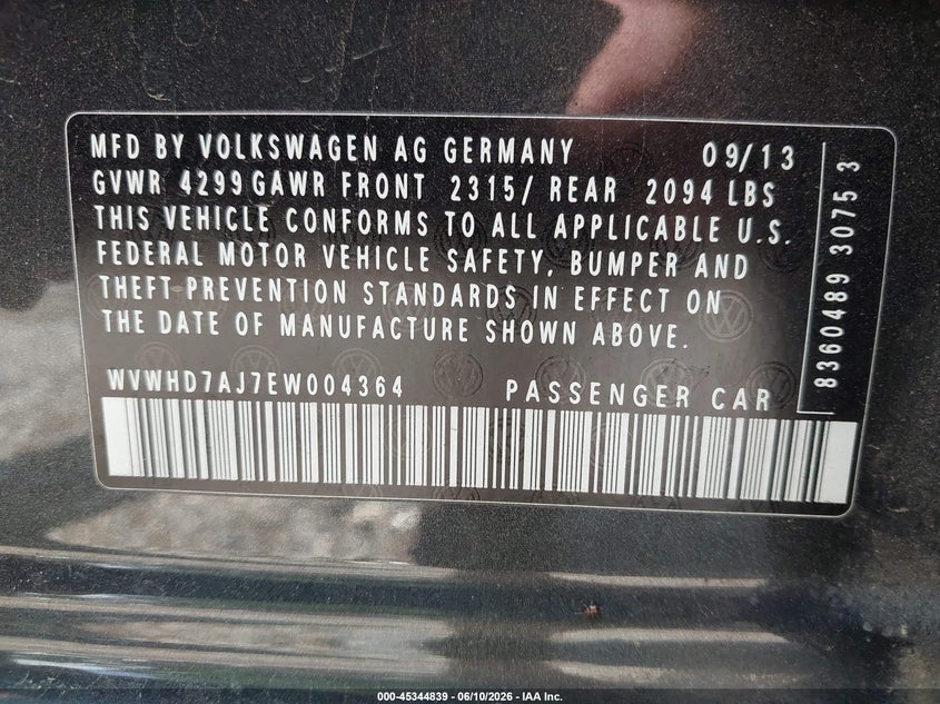 2014 Volkswagen Gti VIN WVWHD7AJ7EW004364 IAAI salvage auction — ROLLOVER, Salvage Title, sold $750 on 2026-08-04 (photo 9)