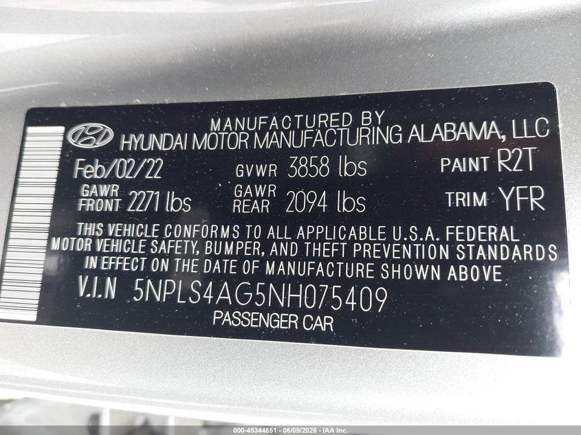 2022 Hyundai Elantra VIN 5NPLS4AG5NH075409 IAAI salvage auction — RIGHT FRONT, Salvage (Georgia), sold $3,750 on 2026-07-22 (photo 9)