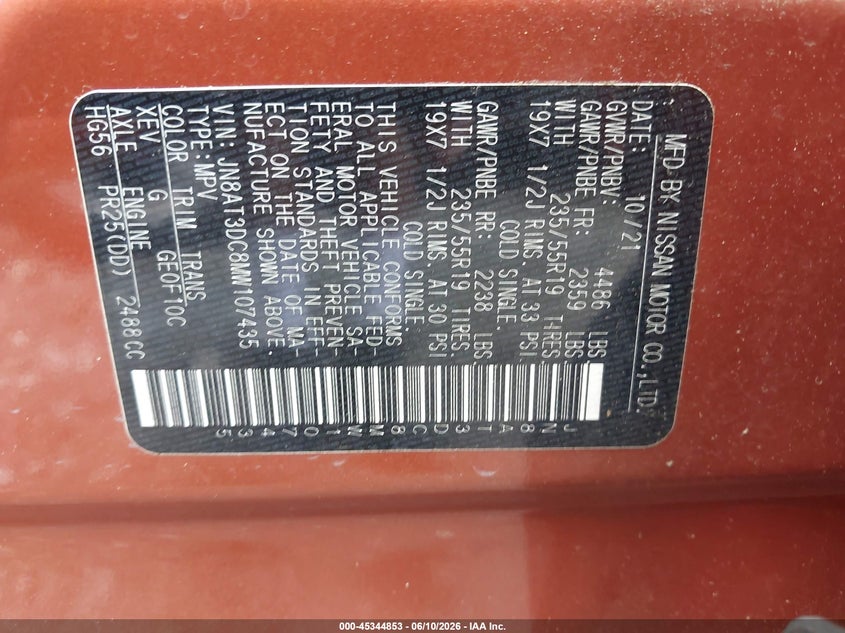 2021 Nissan Rogue VIN JN8AT3DC8MW107435 IAAI salvage auction — FRONT END, Salvage Title, sold $7,100 on 2026-07-28 (photo 9)