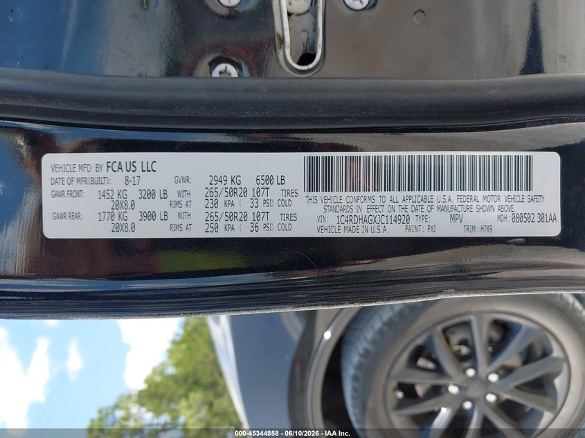 2018 Dodge Durango VIN 1C4RDHAGXJC114920 IAAI salvage auction — FRONT END, Salvage Title, sold $2,550 on 2026-09-03 (photo 9)