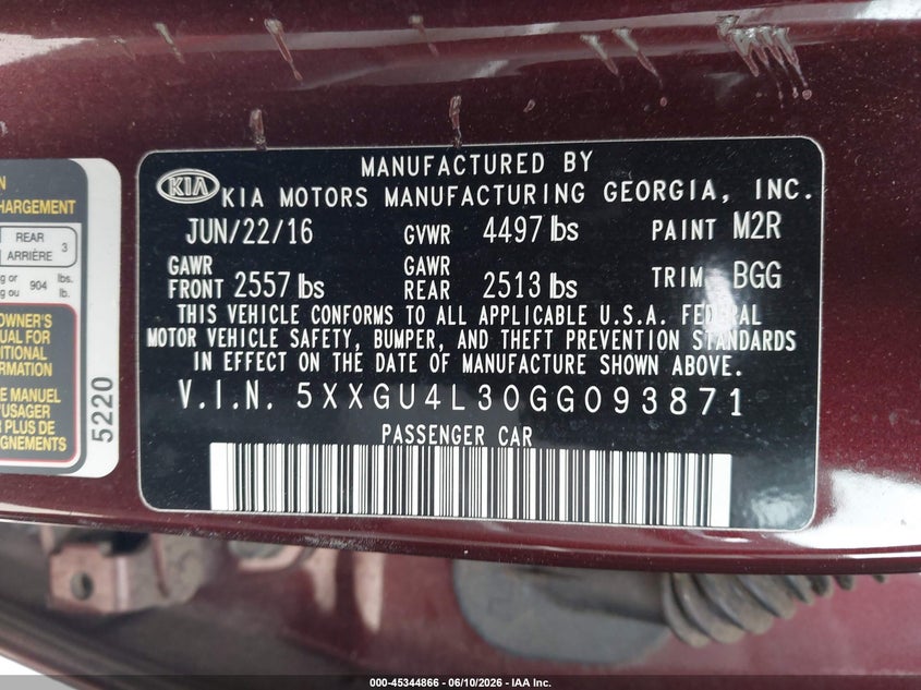 2016 Kia Optima VIN 5XXGU4L30GG093871 IAAI salvage auction — FRONT & REAR, Salvage (Idaho), sold $1,325 on 2026-07-07 (photo 9)